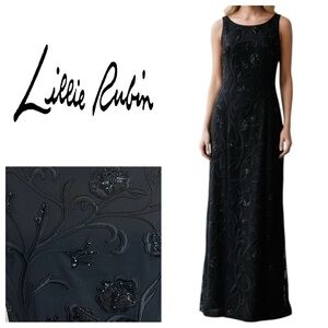 Lillie Rubin Vintage Black Beaded Formal Evening Gown Maxi Dress Size Medium